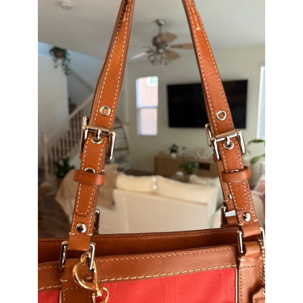 Coach Signature Jacquard Tote Bag Coral Coral Leather Trim Shoulder Bag